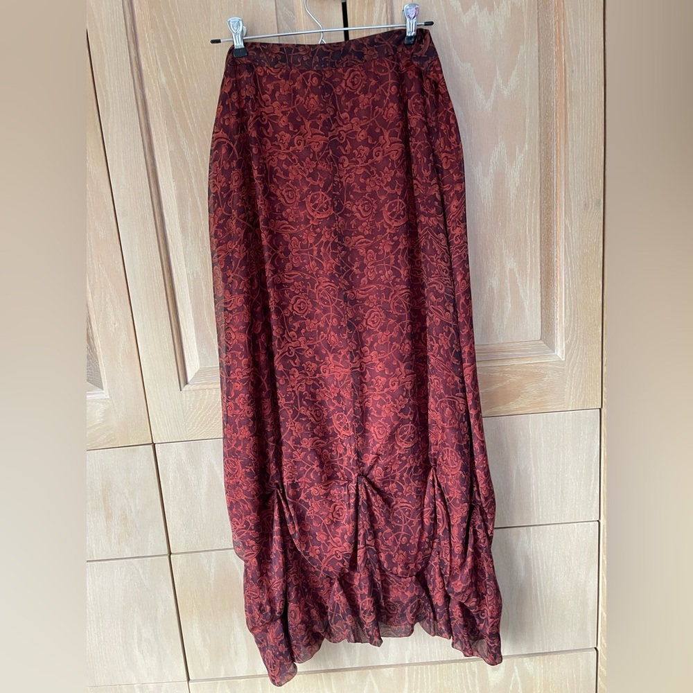 NWoT Peruvian Connection Silk Copper & Black  Floral Maxi Skirt
